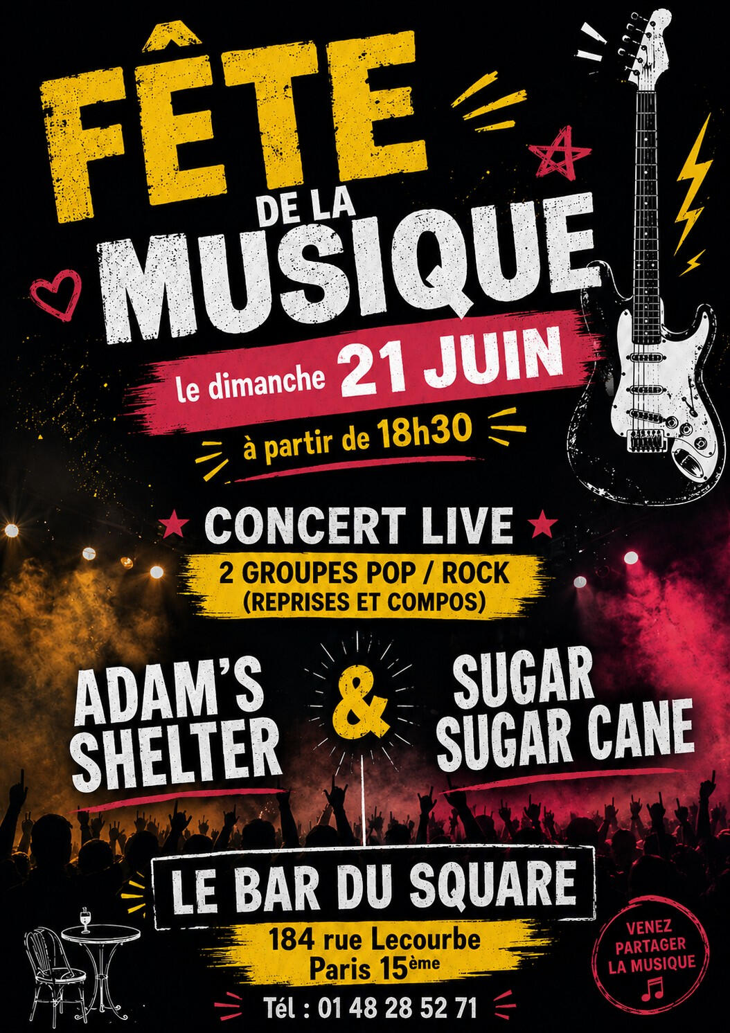 Fête de la musique 2026 Dimanche 21 Juin, SugarSugarCane, Le Bar du Square, 184 rue Lecourbe, Paris 15e